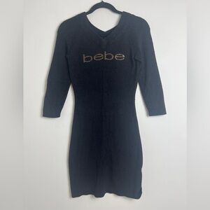 BEBE Y2K Retro Black Gold Rhinestone Spell Out V-Neck 3/4 Sleeve Sweater Dress S